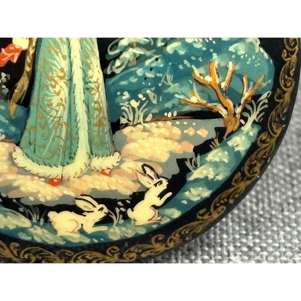 Vintage Ethnic Lacquer Brooch Pin Snow Maiden Fairy Princess Wood Hand Painted